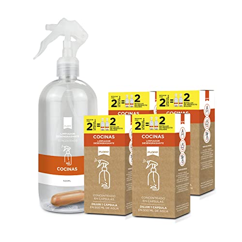 FLOPP – Spray Limpiador Cocinas Desengrasante Concentrado en cápsulas | Pack 1 Botella 500 ml con 50% Pet-PCR Reciclado Reutilizable con una cápsula + 4 recargas (9 cápsulas en total) | Fórmula Vegana