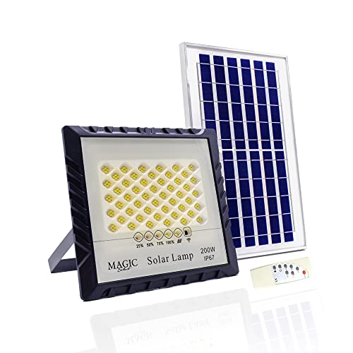 Foco Proyector 200W 200LED con Panel Solar Fotovoltaico, Mando a Distancia y Sensor de Encendido Automático. Foco Solar IP67 con Luz Blanca, Iluminación de Exteriores, Patio, Jardín, Camino, Garaje.
