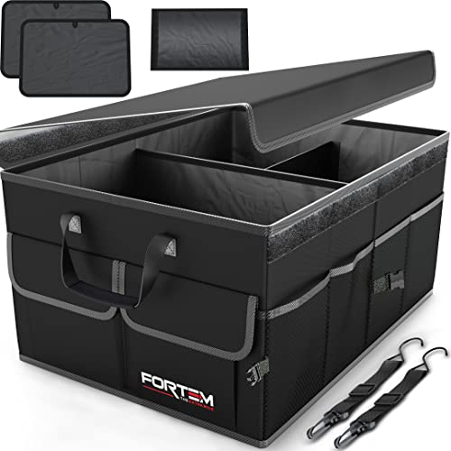 FORTEM Organizador de Maletero Coche y SUV - Organizador de Coche para Almacenamiento - Caja Plegable con 2 Compartimentos Grande - Base Antideslizante - Cinchas Ajustables - Tapa Extraíble (Negro)