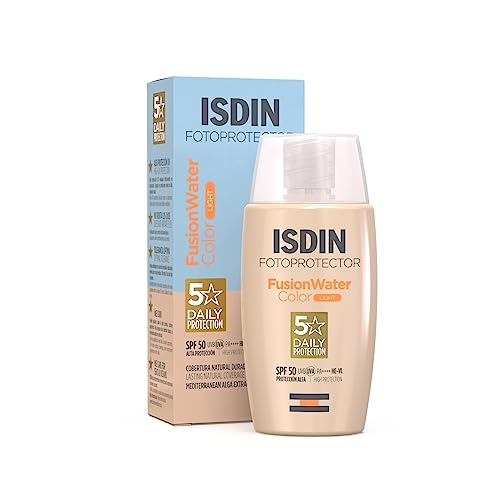 Fotoprotector ISDIN Fusion Water Color Light SPF 50, Protector Solar Facial con Color, Ligero e Hidratante, Cobertura Natural, Efecto Buena Cara, Disimula Imperfecciones, 50 ml