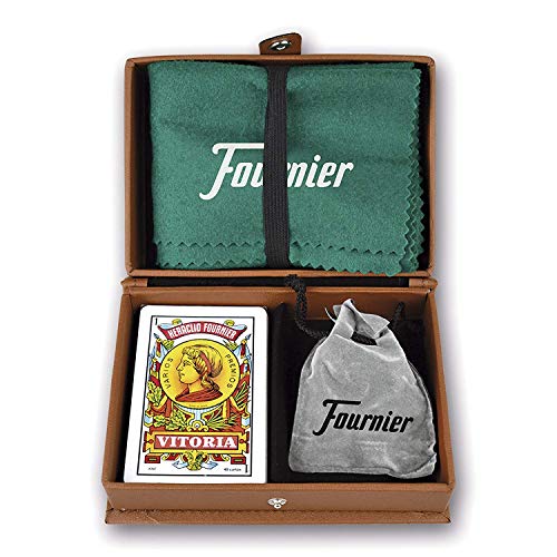 Fournier 10023417 Mus en estuche de polipiel, conjunto de juego ideal para regalo, Marrón. Baraja de cartas española, tapete y amarracos, 14 años en adelante.