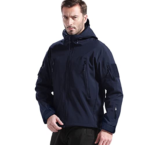 FREE SOLDIER Chaquetas Invierno para Hombre Cazadoras Militar Softshell Ropa de Trabajo Impermeable con Forro Polar para Exteriores Chaquetas de Caza Multibolsillos con Capucha (Azul Marino,M)