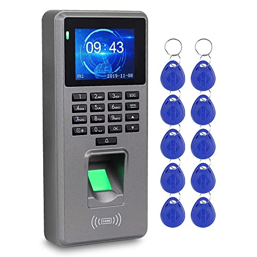 FTSTech Controlador de acceso de huellas dactilares de 2.4 pulgadas Color TFT Tiempo de asistencia Teclado de soporte Contraseña Tarjeta de huellas dactilares Sin software with10pcs Azul RFID Keyfobs