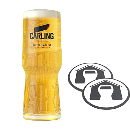 GarageBar Carling Glass | Vaso de cerveza nucleada | Producto oficial | Viene con 2 alfombrillas de goteo de cerveza (1, pinta/20 onzas)