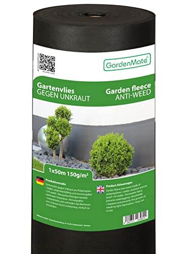 GardenMate Rollo de Malla geotextil prémium de 1 m x 50 m y 150 g/m² – Geotextil extrarresistente para Malas Hierbas – Alta estabilización contra UV – Permeable al Agua – 1 m x 50 m = 50 m²