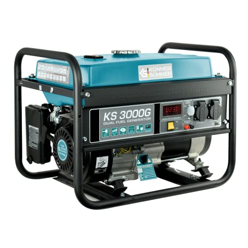 Generador de doble combustible (gasolina y gas) KS 3000G, generador electrico gasolina 3000 W, 2x16A (230 V), 12V, generador 4 tiempos con (AVR), indicador de aceite, protección ante sobrecargas