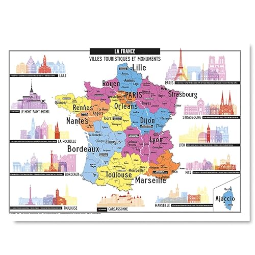 GEO REFLET Mapa de ciudades turísticas y monumentos de Francia - Póster de 50 x 70 cm