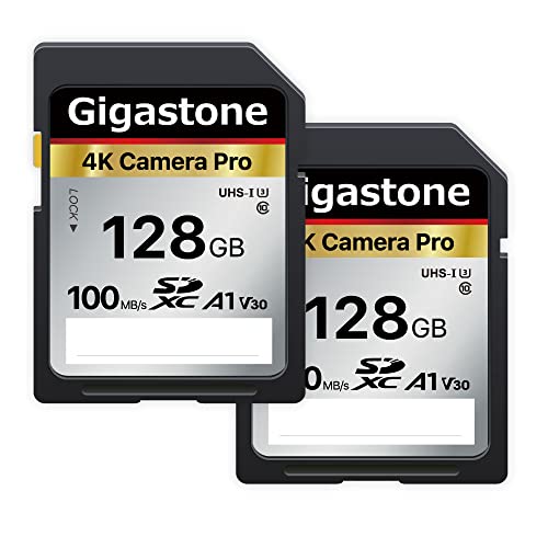 Gigastone 128GB Tarjeta SD, Paquete de 2, 2 minicajas, V30 SDXC Tarjeta de Memoria Alta Velocidad 4K Ultra HD UHD Vídeo Compatible con Canon Nikon Sony Pentax Kodak Olympus Panasonic Cámara Digital