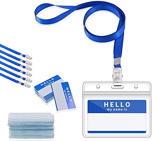 Gimars 50SETS Funda de Tarjeta Identificación PVC Transparente Portatarjeta Impermeable Horizontal con Clip Colgante Tarjeta Identificativa con Cinta de Cuello para Conferencias Empleados Ferias,Azul