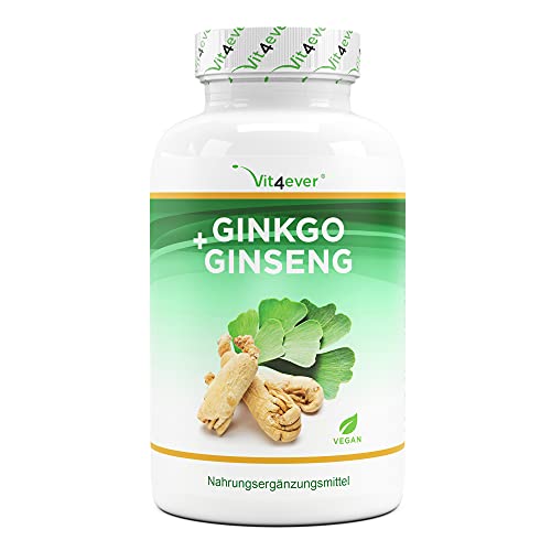 Ginkgo + Ginseng - 365 Comprimidos - Extracto Especial - Alta Dosis - Ginkgo Biloba + Ginseng Coreano - Vegano