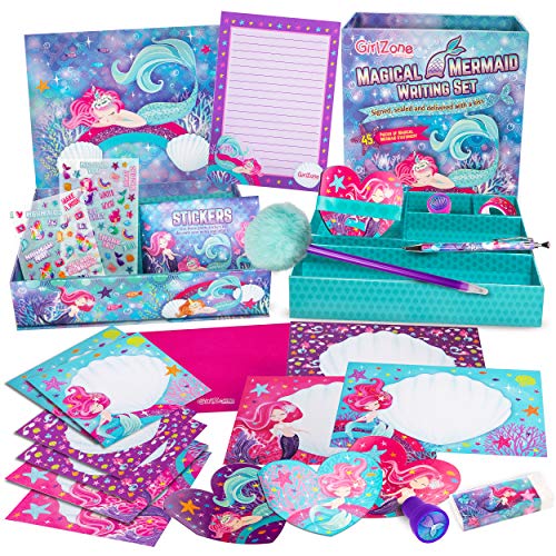 GirlZone Regalos para Niñas, Chicas, Papelería Bonita de 45 piezas de Papel Carta de Sirena y Sobres en una Caja para Almacenar todo tu Writing Set