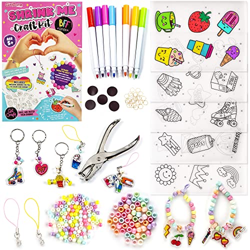 GirlZone Regalos para Niñas Shrink Me Craft Kit Set de Manualidades para Crear Arte de Plástico Mágico Retráctil Haz tu Propio Llavero con Láminas de Plástico que Encoge