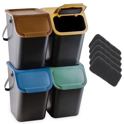 Go Practic Juego de 4 cubos de basura y 4 filtros de carbón bioactivo, caja apilable con tapa de clic, sistema de separación de residuos de cocina, sistema de residuos, cesta de basura con tapa, 4