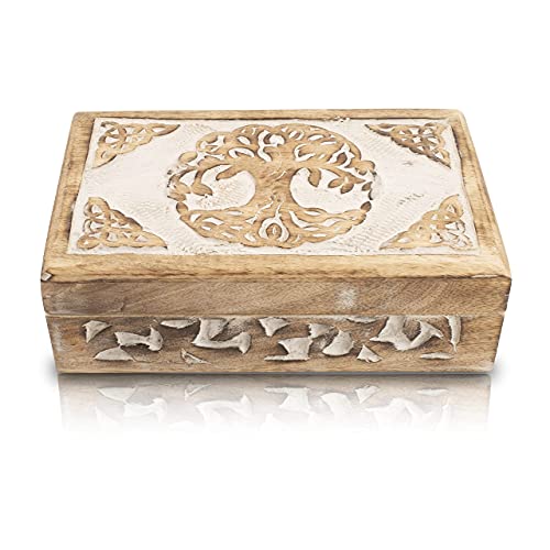 Gran regalo de cumpleaños hecho a mano decorativo de madera caja de joyería árbol de la vida tallada joyería organizador caja de recuerdos, caja de tesoro caja de almacenamiento caja de 20 x 12 cm