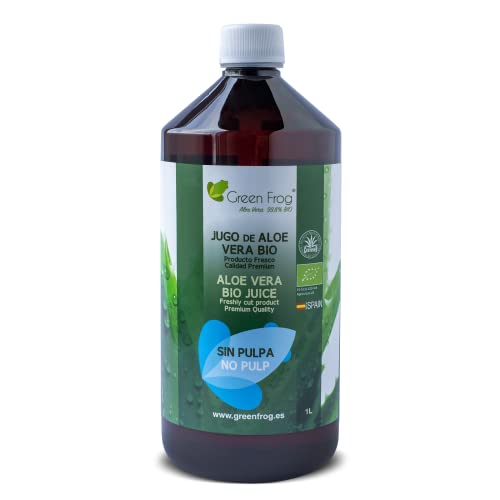 Green Frog - Jugo de Aloe Vera (99,8%) sin Pulpa - 1 Litro - 100% Ecológico - Rico en Vitaminas A, C, E y Grupo B - Aminoácidos Esenciales - Botella de PET - Libre de Aloínas