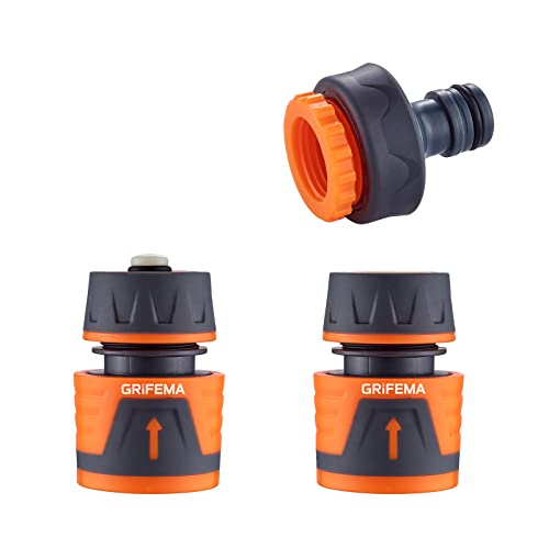 GRIFEMA GE1103 Kit de Conector de Manguera de Jardín Que Incluye Conector Waterstop de 1/2", Acoplamiento Rápido de 1/2" y Accesorios Hembra Premium de 1/2" - 3/4"Gris - Naranja