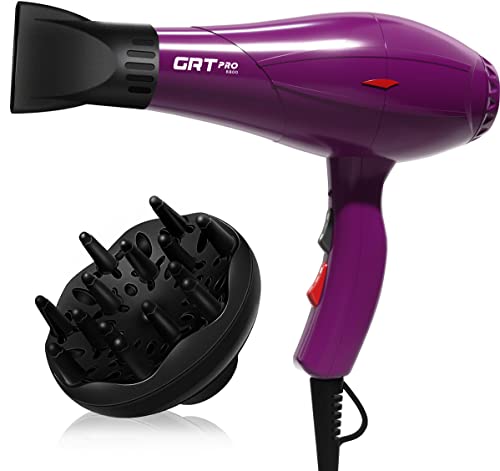 GRT PRO secador de pelo, secador de pelo con difusor, secador de pelo profesional 2400W, cuidado iónico - Anti Frizz, motor de AC duradero, 2 velocidades 3 ajustes de calor (morado)