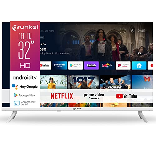 Grunkel - Televisión 32 Pulgadas Smart TV - LED-3211GOOBLANCO del año 2022 - con Pantalla de Panel HD Ready, Wi-Fi, Android 11.0. Bajo Consumo y Auto-Apagado - 34 Pulgadas - Blanco