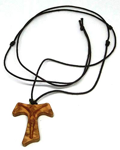 GTBITALY 10.273.90 Collar Cruz Tau 3 cm con Cristo en relieve San Francisco Asís Madera de olivo Paz Comunión 3 nudos