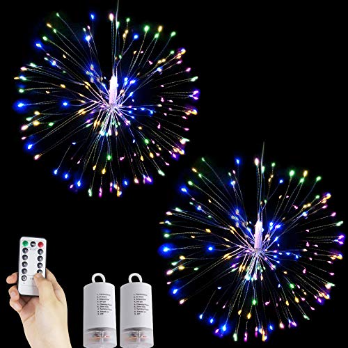 Guirnalda de Luces de Fuegos Artificiales, 120 LED Alambre de Cobre, Funciona con Pilas, Mando a Distancia, Resistente al Agua, 8 Modos, Efecto de Iluminación para Interior y Exterior (Arcoíris)