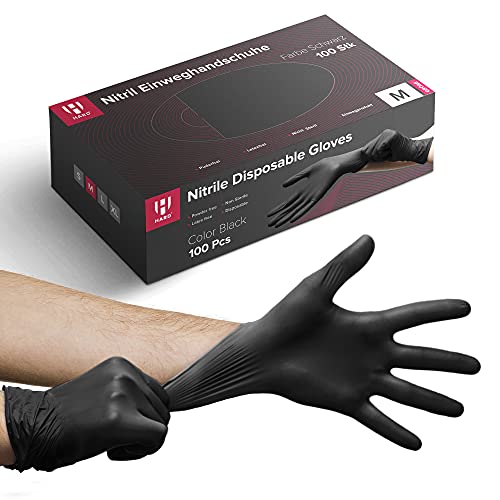 HARD Guantes de Nitrilo Negro, Caja de 100 - Sin Polvo y Sin Látex, Multiusos - Médico, Examen, Alimentario, Mecanico, Desechables - Uso Único, Resistentes al Desgarro, Talla M