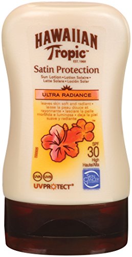 Hawaiian Tropic Satin Protection MINI Ultra Radiance - Loción Solar de Protección Alta SPF 30 , Protege y Suaviza la Piel , Fragancia Frutas Tropicales , Formato Viaje 100 ml