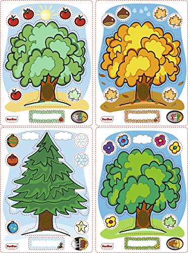 HenBea 870 - Estaciones del Año, 4 Tarjetas con un Arbol para poner en Ventana, con Rotulador en seco para completar lo que representa cada estacion (flores, frutos, hojas, adornos navidad)