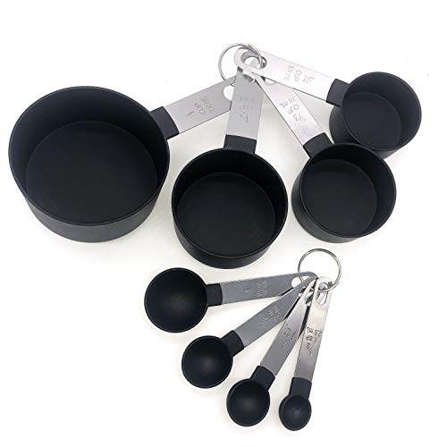 Herramientas de medición de color negro de nailon, 8 piezas, 4 tazas y 4 cucharas, con mango metálico, para líquidos y sólidos