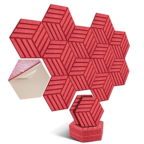 Hexagon - Paneles acústicos autoadhesivos, 12 unidades, absorción de sonido, aislamiento acústico con alta densidad para paredes, techos, madera y puertas, panel acústico, rayas, rojo
