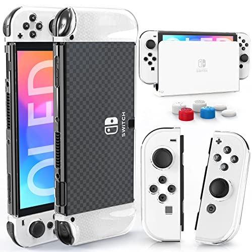 HEYSTOP Carcasa Switch OLED Dockable, Funda Protectora de TPU para Nintendo Switch OLED Modelo con 6 Agarres para el Pulgar, Protección Completa, Anticaída, Transparente