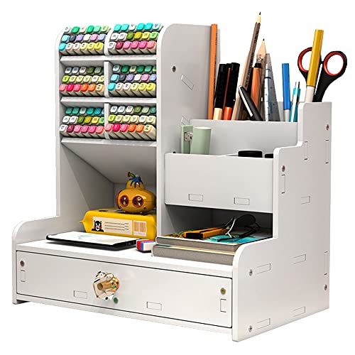 Hggzeg Organizador de escritorio con cajón multifuncional para bolígrafos, organizador de escritorio para el hogar, la oficina y la escuela (PB17-blanco)