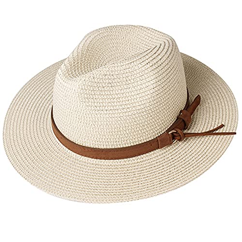 HHF Caps y Sombreos Sombrero de Paja de Cuero de Verano para Hombres Mujeres Sun Playa Sombrero Hombres Jazz Panamá Hats Fedora Ancha Brim Protección Sol (Color : Beige 2, Talla : L)