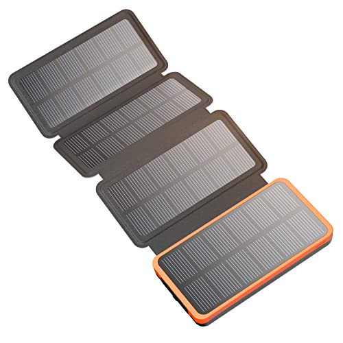 Hiluckey Cargador Solar 25000mAh, Portátil Power Bank con 4 Paneles Solares y 3 Puertos, USB C Carga Rápida Impermeable Batería Externa para Smartphones, Tabletas y Acampar al Aire Libre