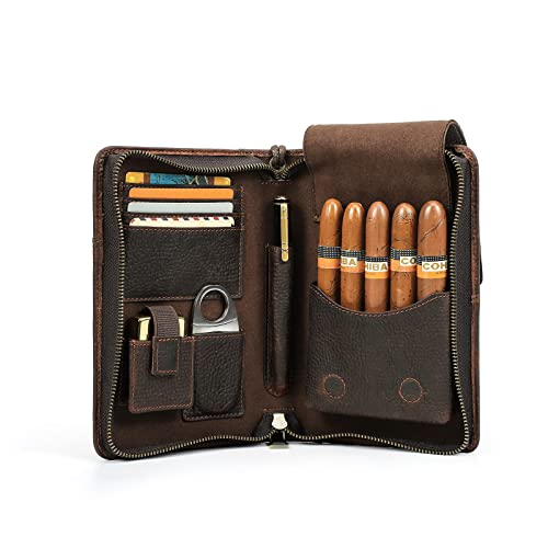 Hiram Estuche de viaje para cigarros humidificador de cigarros de cuero genuino para 5 cigarros Caja de cigarros portátil con bolsillo para encendedor de cigarros bolsa de humidificador multifuncional