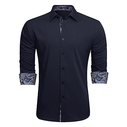 HISDERN Camisa para Hombre Regular Fit Manga Larga Azul Marino Camisas de Vestir de Negocios Formal con Botones y Bolsillo