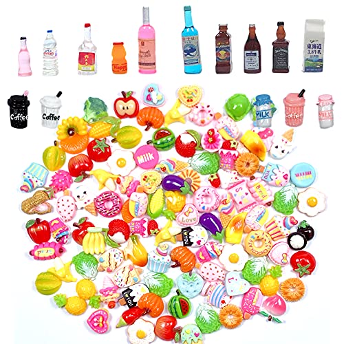 HJYZY Juego de 120 alimentos de resina mixta para muñecas de cocina, juego de pretender, mini decoración para tartas de alimentos