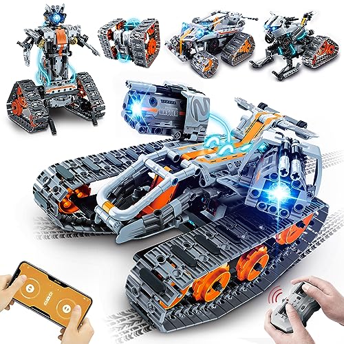 HOGOKIDS 5 en 1 Tanque de Juego de construcción con luz LED - App Coches teledirigidos Juguetes de construcción, RC Robot Tracked Racer 604 PCS, Regalos de Juguete para Niños Niños Niñas Edades 6-12+