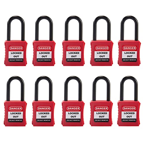 HOLULO 10pack Candado de seguridad, Candado de Bloqueo, Cerraduras de bloqueo y etiquetado, Candado de consignacion con Clave diferente, 1-1/2" Insulated Shackle, Rojo