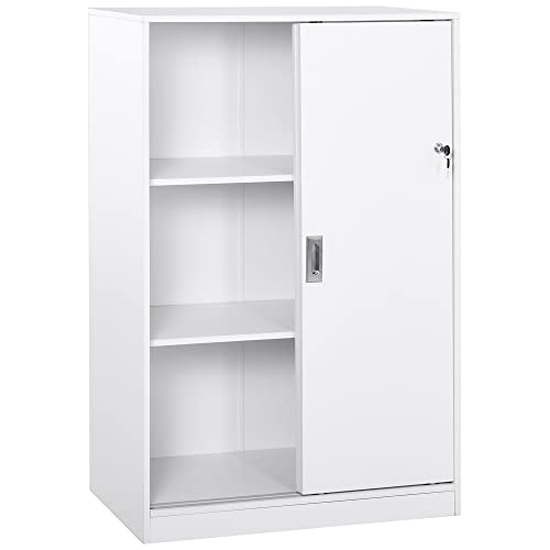 HOMCOM Armario de Oficina Práctico con 2 Puertas Correderas Bloqueables y 3 Estantes para Despacho Estudio 80x40x120 cm Blanco