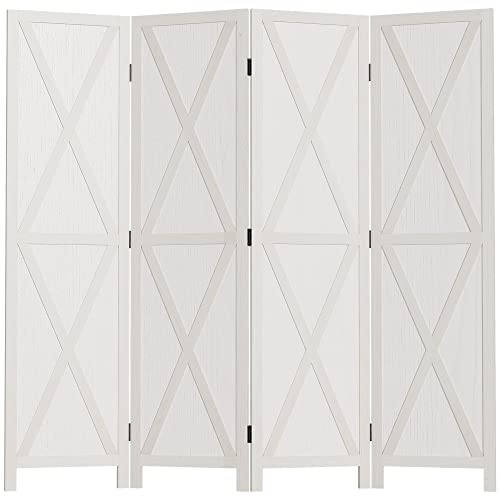 HOMCOM Biombo de 4 Paneles Separador de Ambientes Plegable 182x170 cm Divisor de Habitación de Madera Decoración Elegante para Dormitorio Salón Blanco