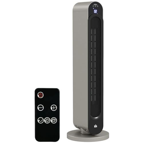 HOMCOM Calefactor Cerámico de Torre 1100/2200W Calentador Vertical con Mando a Distancia Pantalla LED Temporizador de 12H Termostato 3 Modos y Oscilación para 20-25 m² Ø25x73,5 cm Plata y Negro