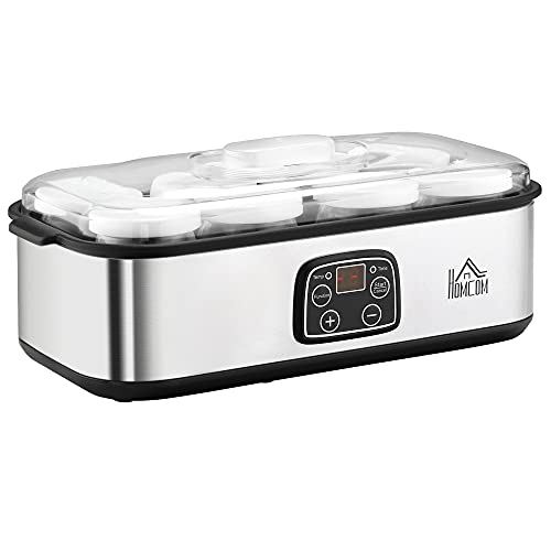 HOMCOM Yogurtera 30W Capacidad 1,44L con 8 Tarros de Cristal de 180 ml Termostato Ajustable Temporizador de 1-48 Horas y Apagado Automático 36x18,8x14 cm Plata