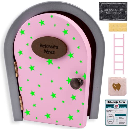 HOMYKIDS® Puerta Ratoncito Perez que se abre - Casita Ratoncito Perez caja dientes - Puerta Raton Perez de madera - Puerta Magica con certificados de entrega dientes