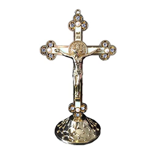 Hopbucan Crucifijo de pie con base de aleación de cruz para decoración de capillas del hogar y regalos religiosos (oro)