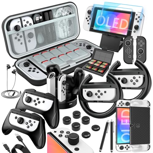 HSTOP Accesorios Funda para Nintendo Switch OLED, 27 EN 1 Carcasa Kits Incluye Estuche Protector para Switch OLED, Vidrio Templado,Volante JoyCon,Grip Joycon,Tapas Pulgar,Base de Carga- Negro