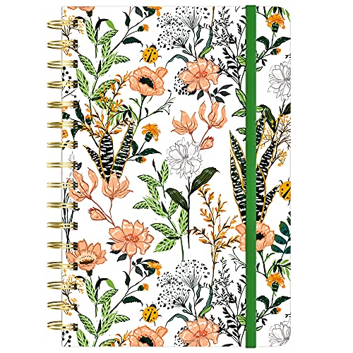 Huamxe Cuaderno de espiral con forro de tapa dura para mujeres, 21,3 x 15,2 cm, 160 páginas de papel grueso, lindos cuadernos estéticos florales a rayas para escritura de trabajo, flores blancas