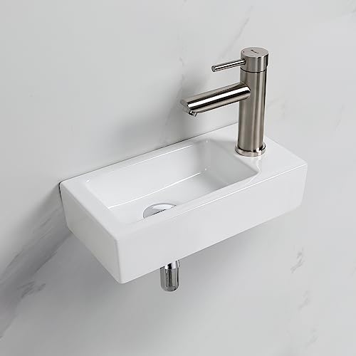 Ibergrif, M41102-R Lavabo de Cerámica Rectangular con 1 Orificio para Grifo, Lavabo de Mano Derecha Montado en la Pared, Tamaño Pequeño: 376 × 188 × 93 mm, Blanco