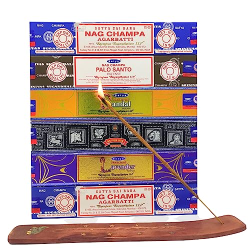 Incienso Nag Champa Pack 72 Sticks + Quemador Incienso – Aromaterapia - Limpieza Energética de Ambientes: Palo Santo – Lavanda – Sándalo – Agarbatti – Super Hit (Pack 6)