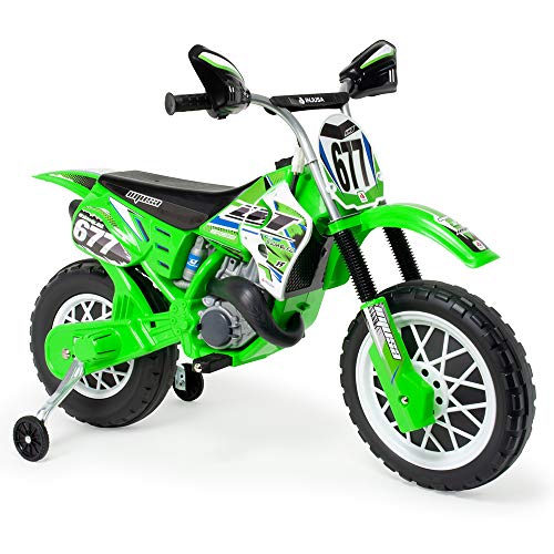 INJUSA - Moto Eléctrica Cross CR, Batería 6V, para Niños +3 Años, con Bandas de Goma en la Rueda Motriz, Ruedas de Apoyo y Acelerador en Puño, Velocidad 5 Km/h, Color Verde