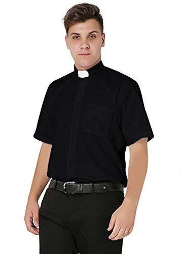 IvyRobes Camisa de Cura Clerical de Manga Corta para Hombre Camisa Alzacuellos Cuello con Pestañas Clero Sacerdote Negro